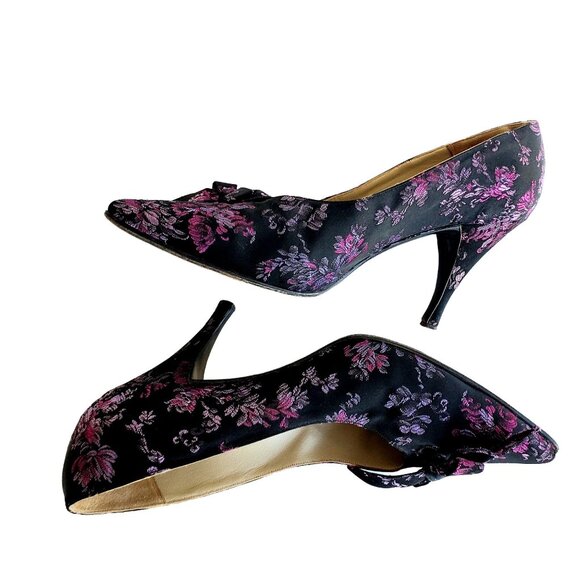 Authentic Pin Up Heels 6N, 1950s Spanish Handmade Silk Brocade Pumps, 6 - 6.5 N - Picture 3 of 11